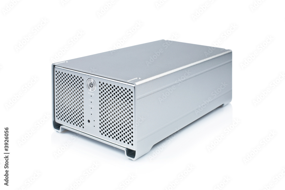 External hard drive reflected on white background External hard drive reflected on white background