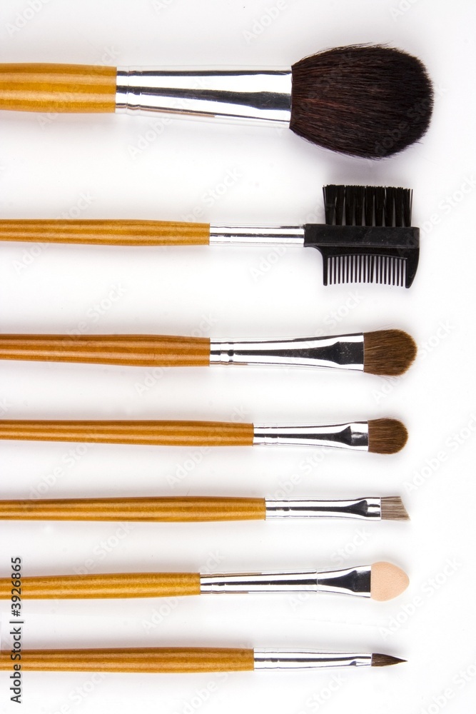 Cosmetic brushes lined up in white background. Cosmetic brushes lined up in white background.