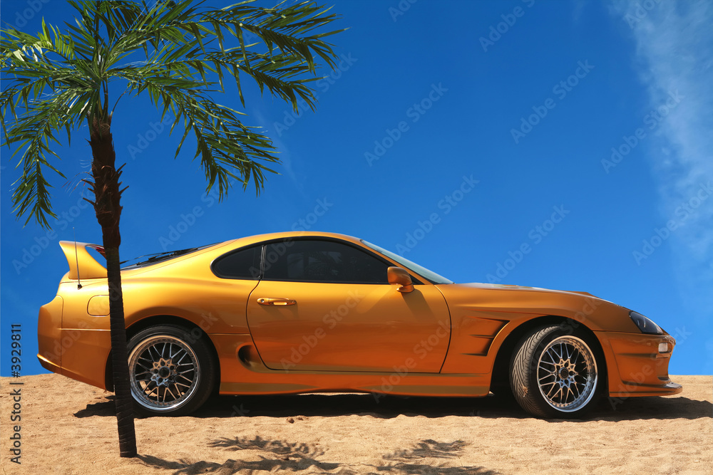 Orange-Yellow Sport Car on Gold Sand under Palm