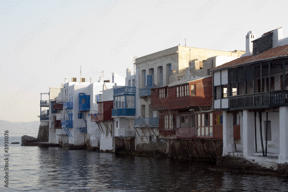 little venice houses on the waterfront mykonos greek islands  