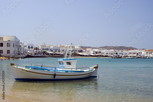 greek island harbor with fishing boat mykonos 