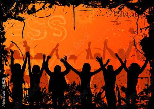 Grunge background with jumping silhouettes, vector
