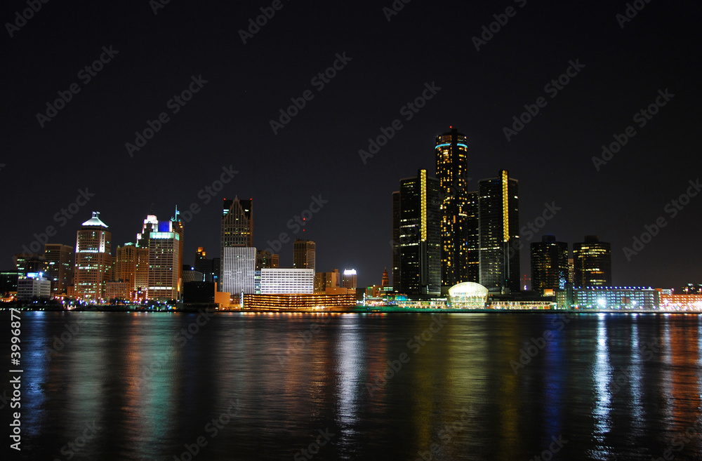 Night time skyline of typical American city (Detroit)