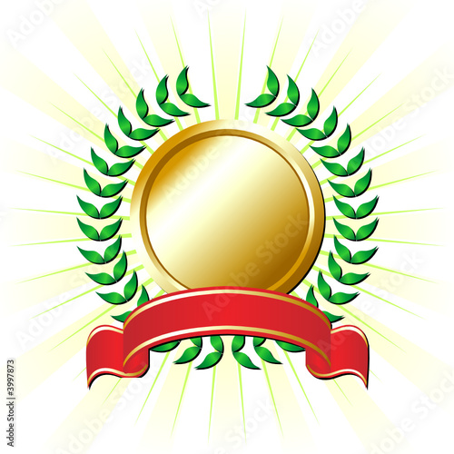 Ribbon ornamented with laurel crown over striped background