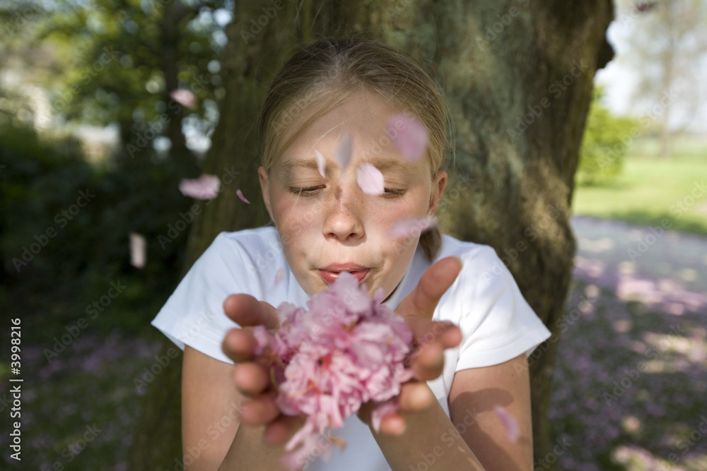girl blowing in her hands filled with cherry blossom girl blowing in her hands filled with cherry blossom