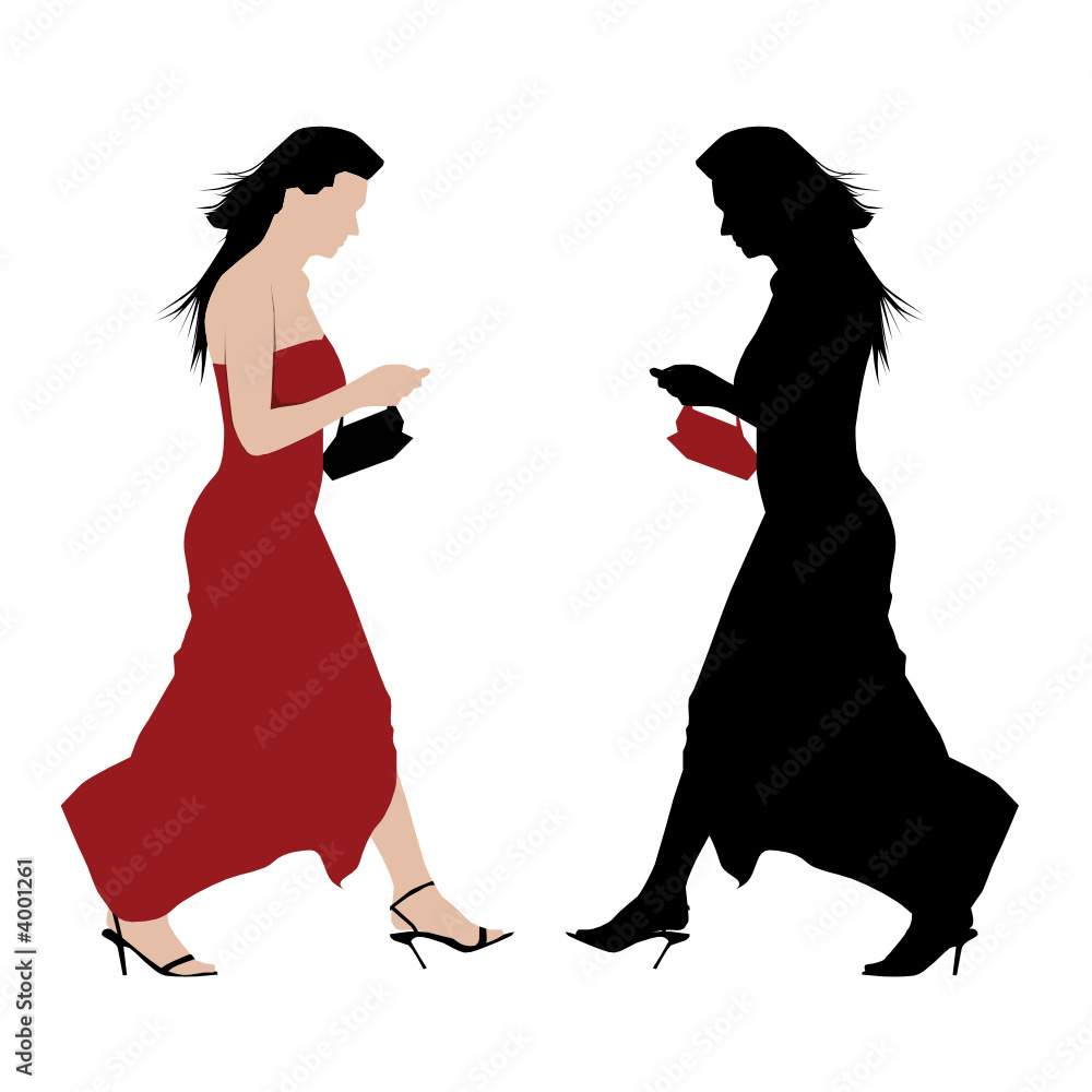 Young walking woman in long red dress. Vector silhouette Young walking woman in long red dress. Vector silhouette