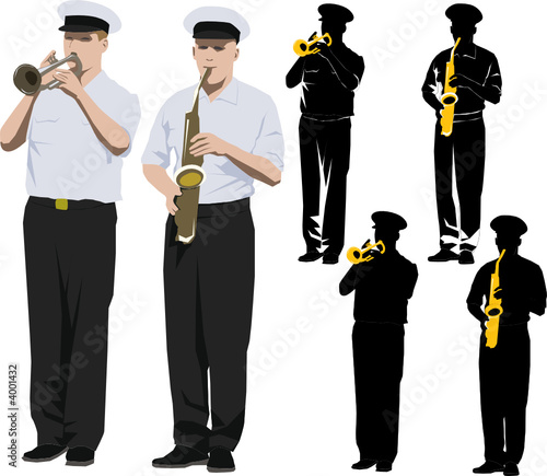 Member of military band playing trumpet and saxophone