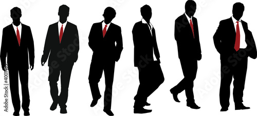 Group of seven powerful businessmen. Vector silhouette