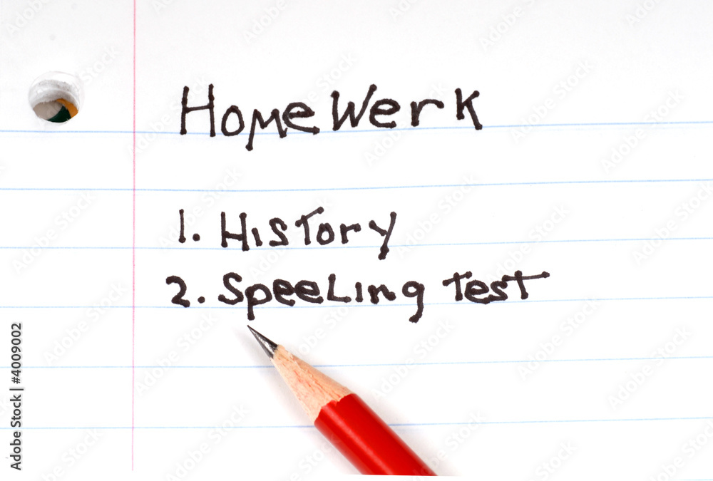 Child's list of homework to do with misspelled words