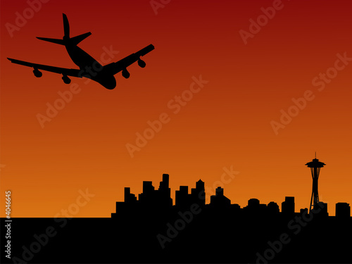 plane arriving at Seattle at dusk
