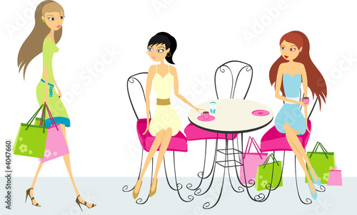 Two women, sitting in a cafe, waiting for third