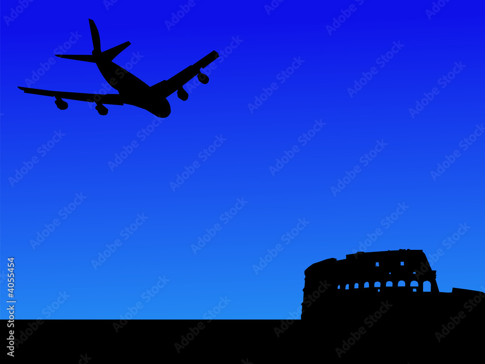 plane arriving in Rome with Colosseum plane arriving in Rome with Colosseum