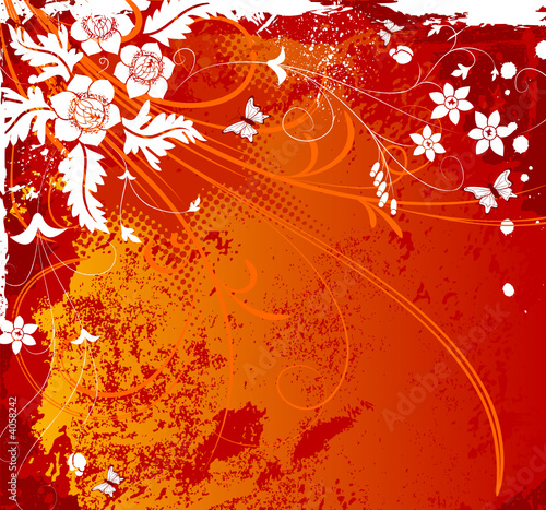 Grunge paint flower background with butterfly, vector