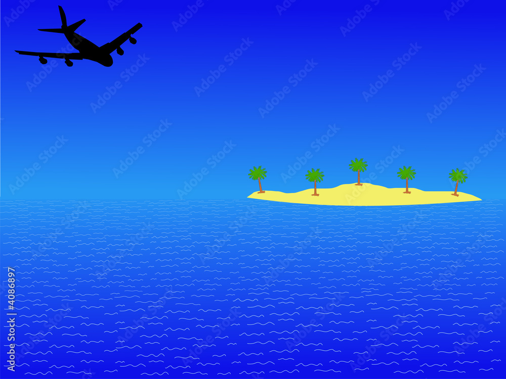 Naklejka premium plane flying to tropical island