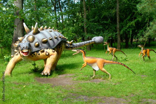 Принти на полотні Dinosaur Troodon attacking Euoplocephalus in jurassic park, dinosaurs series