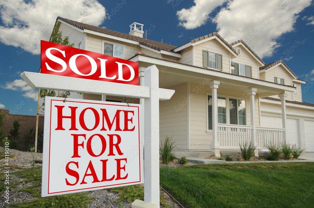 Home For Sale Sign in Front of Beautiful New Home Home For Sale Sign in Front of Beautiful New Home
