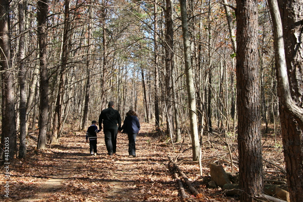 Father and Children, Enjoy a Walk in the Woods