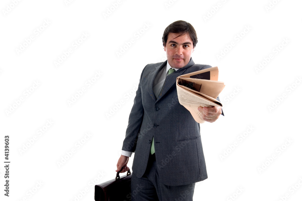 young businessman with a suitcase and a newspaper young businessman with a suitcase and a newspaper