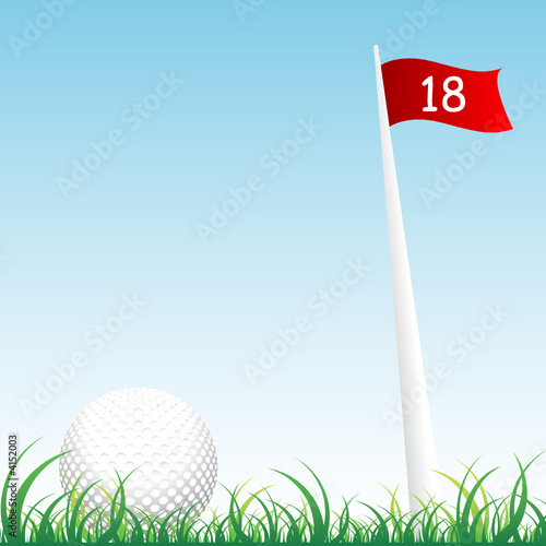 Golf ball with flag and pole of hole number eighteen