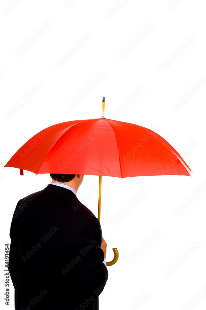 Man with red umbrells