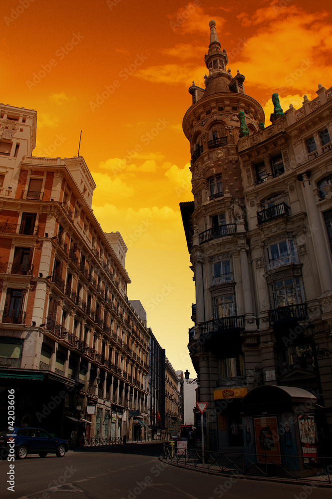 Gran Via street in the center of Madrid, Spain.