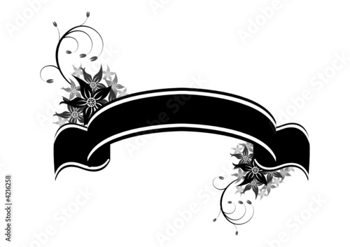Black ribbon ornamented with flowers over white background