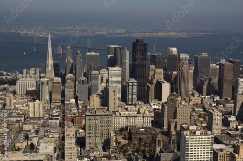 Aerial view of downtown San Francisco and Bay Bridge