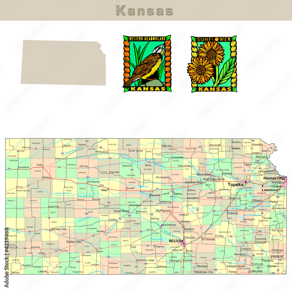 USA states series: Kansas. Political map with counties