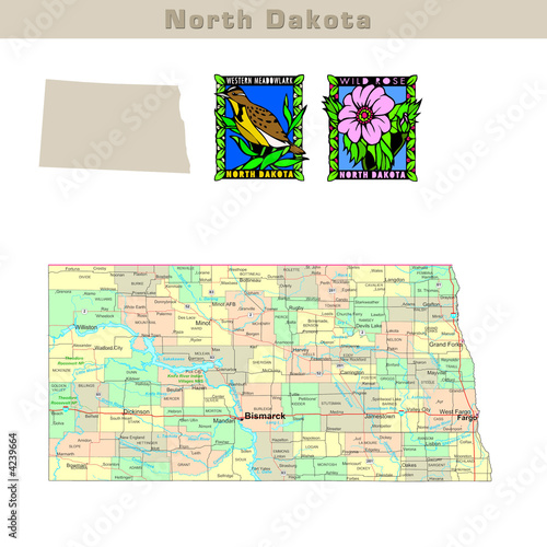 USA states series: North Dakota. Political map with counties