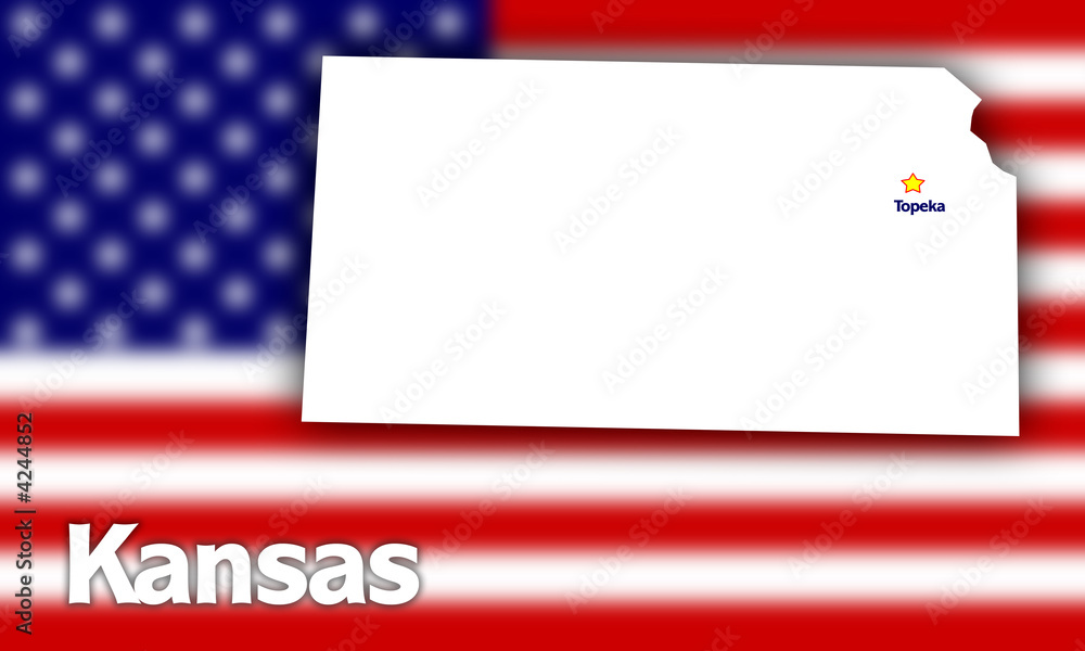Kansas state contour with Capital City against blurred USA flag Kansas state contour with Capital City against blurred USA flag