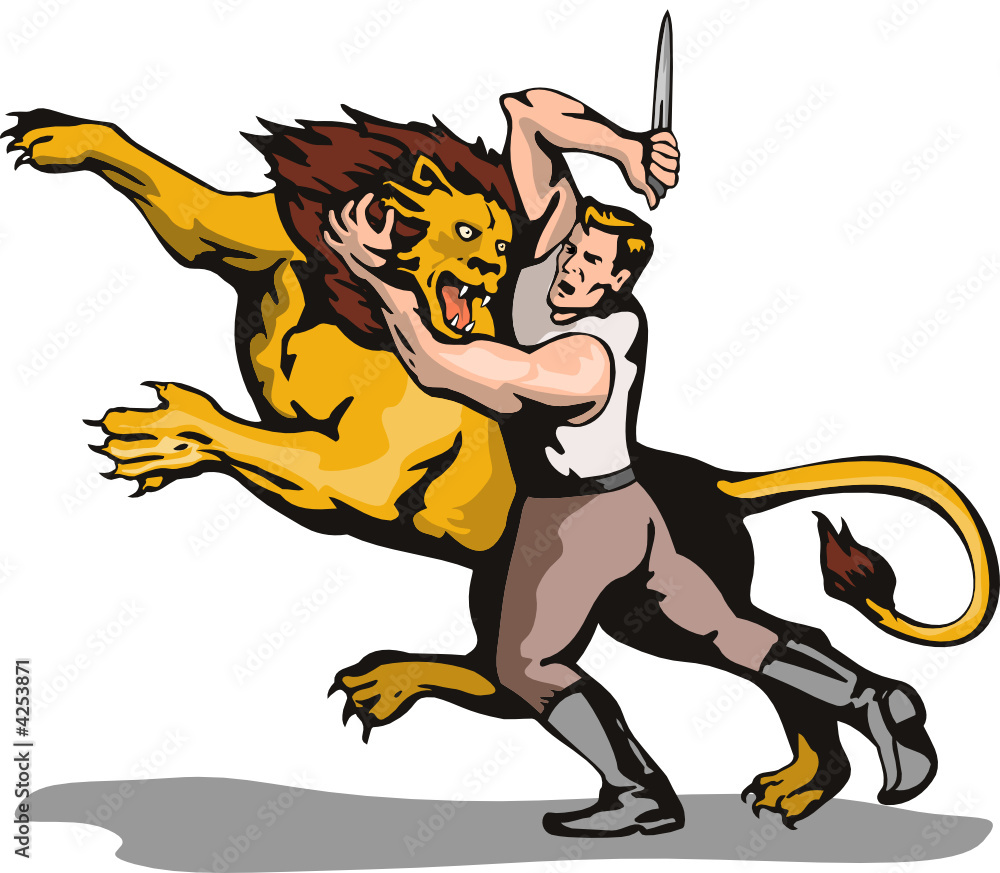 Fototapeta premium Man fighting with a lion