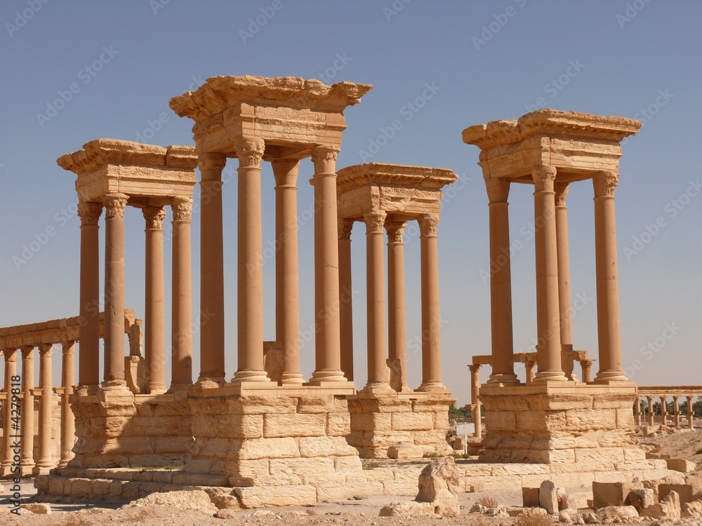 Four ancient columns, archaeological site, ruins, Palmyra, Syria