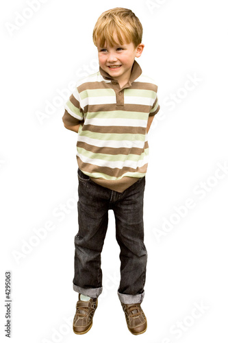 Five year old boy isolated against white background