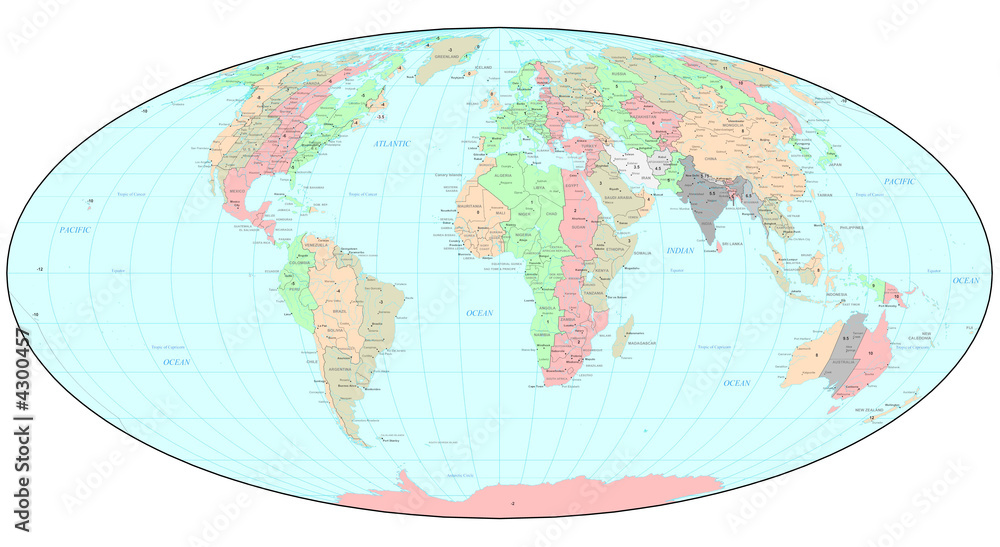 Political World map with time zones