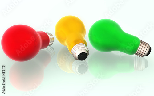 3 color light bulbs red, green, yellow 3d concept illustration