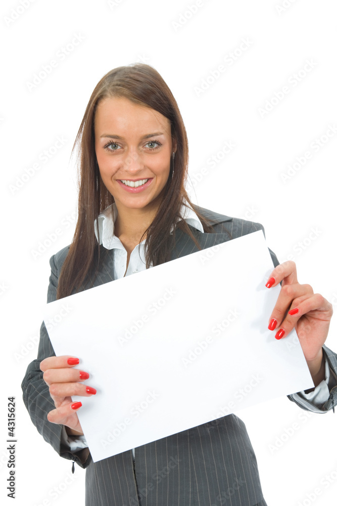 Business woman keeps sheet on white background Business woman keeps sheet on white background
