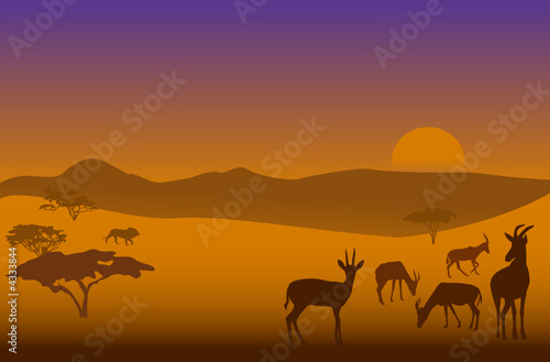 Silhouettes of herd of antelopes and a lion in savanna © Rey Kamensky