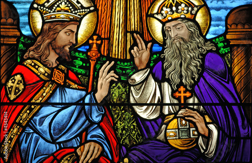 Stained glass of Jesus at the right hand of God 