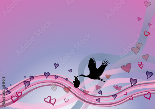 Cigogne et couffin sur vague rose 
