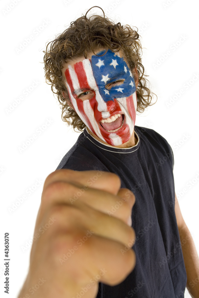 Young screaming fan with painted The USA flag on face