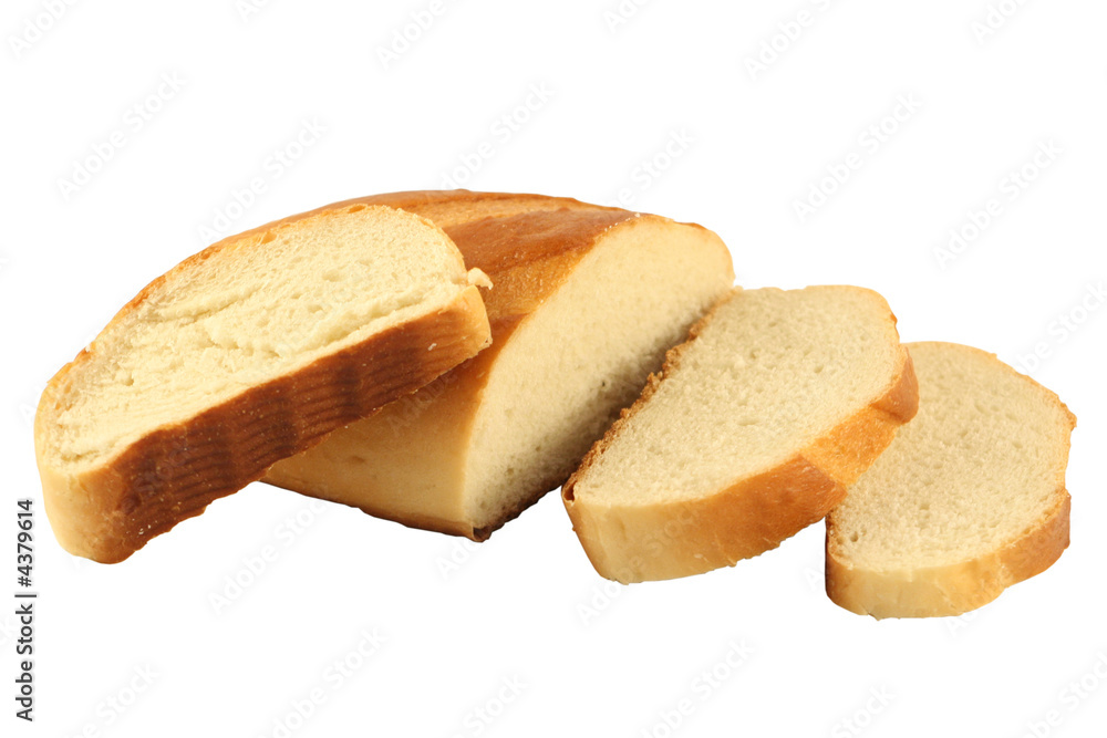 The cut long loaf on a white background.