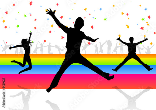 Happy friends jumping with stars