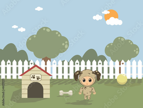 in the dog house, baby in dog costume with kennel