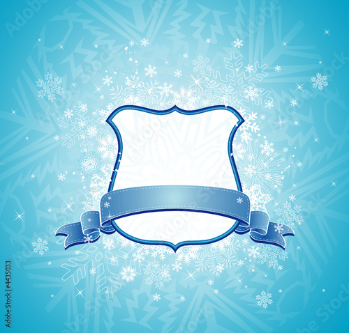 Shield, blue ribbon and decorative snowflakes