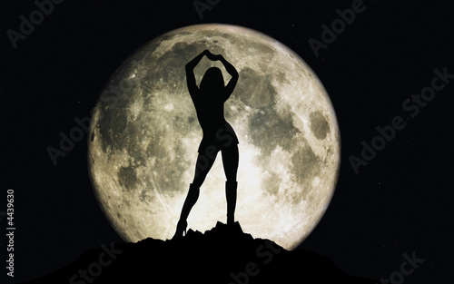 3D render of moon with stars and a girl silhouette