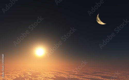 3D render of a sunset with moon over the clouds