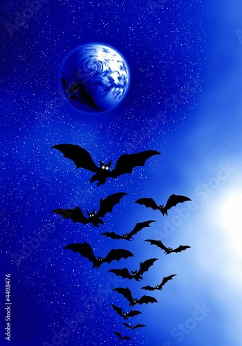 Moon and bats. Blue mist