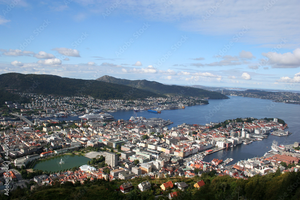 view of Bergen in Norway from the top of Mount Floyen.