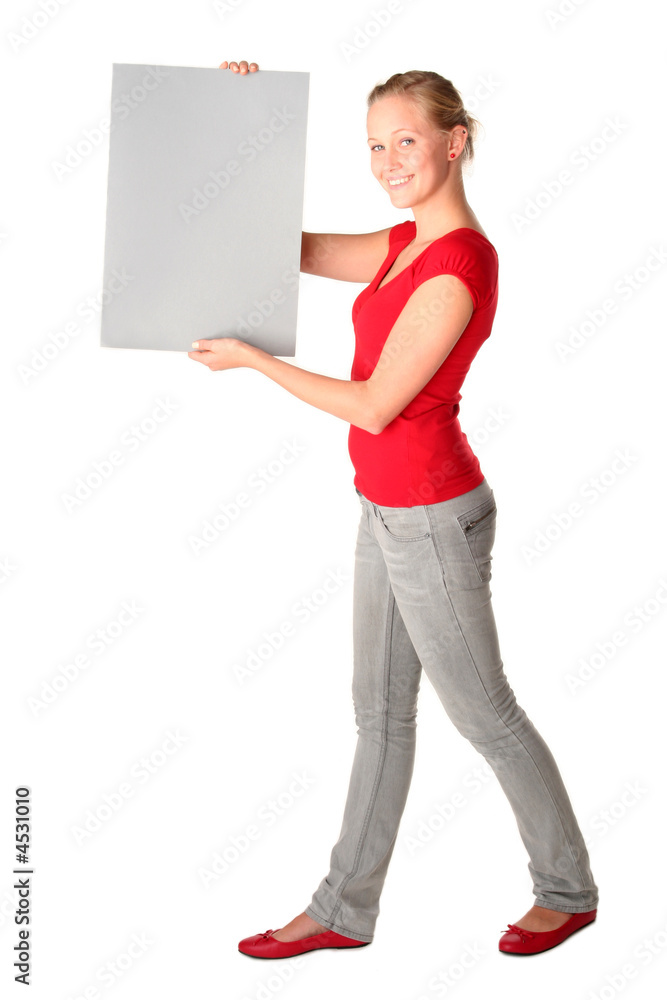 Woman holding blank poster board