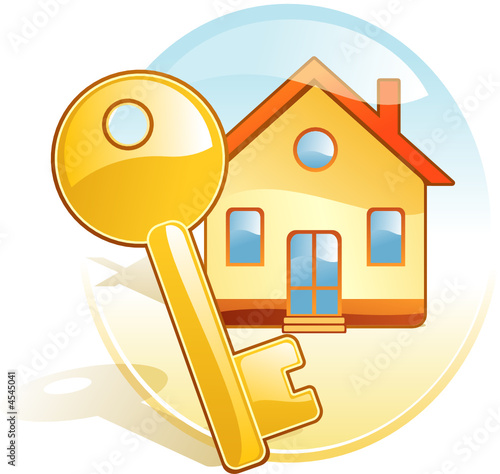 Key, new home, realty. Stylized vector icon